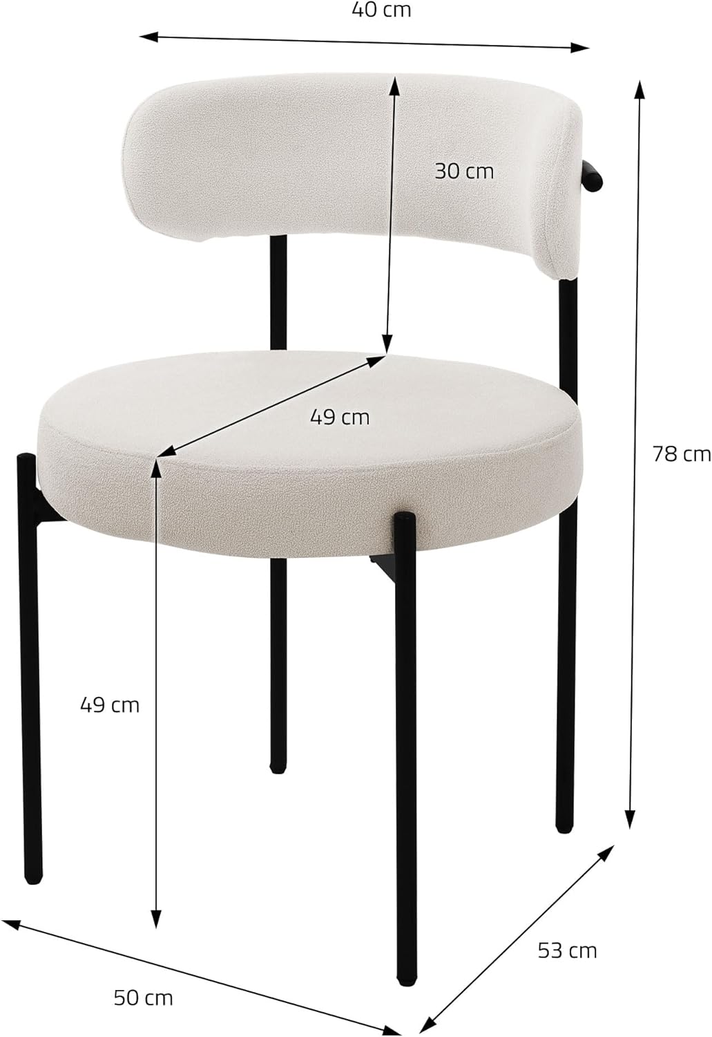 Eetkamerstoelen – Keukenstoelen – Woonkamerstoelen – Beklede Stoelen – Lounge Stoelen – Set Van 4 – Teddy Stof Wit – Ergonomisch Zithoogte 49 cm
