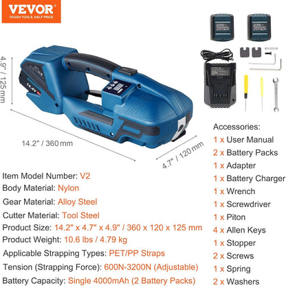 VEVOR Electric strapping tool for PP and PET strapping strips, width from 1 cm to 1.5 cm, automatic strapping machine, tension 600 N-3200 N, for pallet packaging