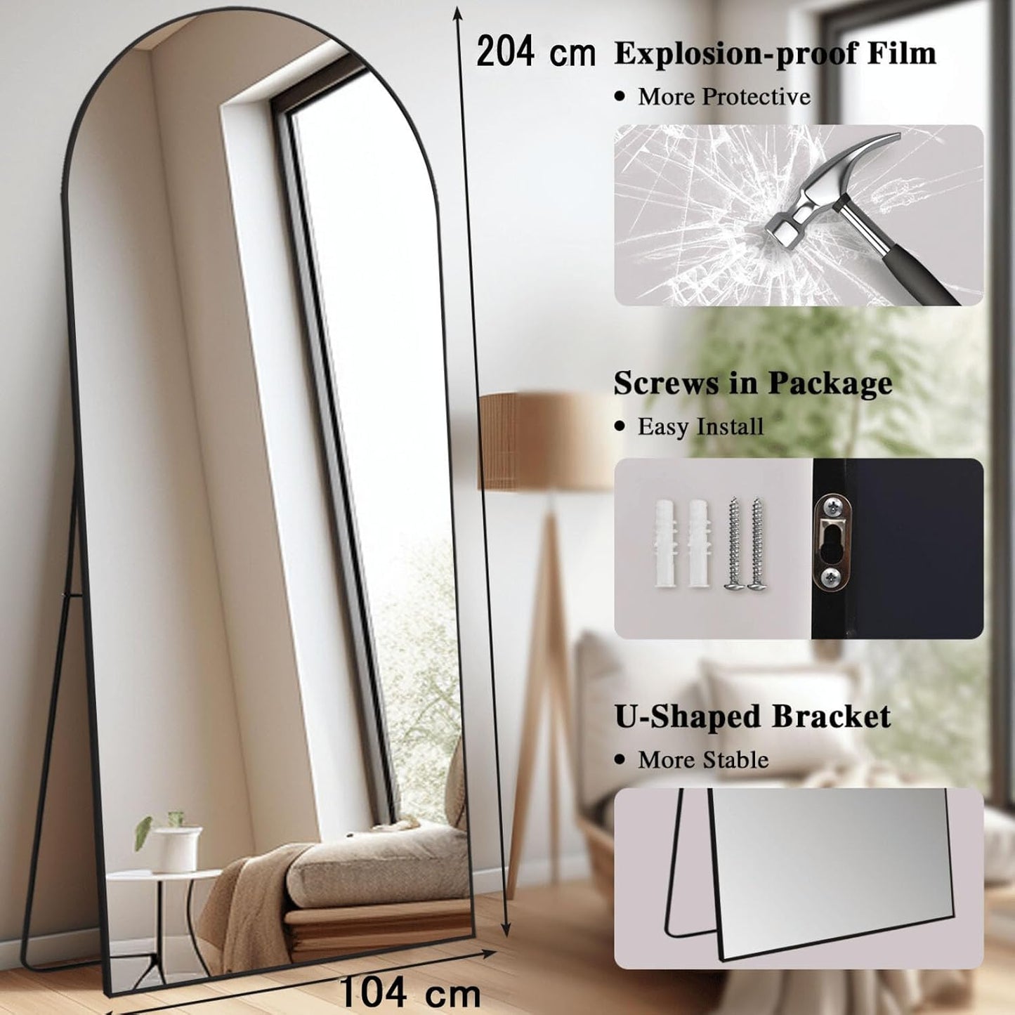 Full-body Spiegel – Vloerspiegel – Wandspiegel – Staande Spiegel – Lengtespiegel – Groot Zwart Boogframe – 204 x 104 cm – Veilig Nano-Glas – Vrijstaand & Muurmontage