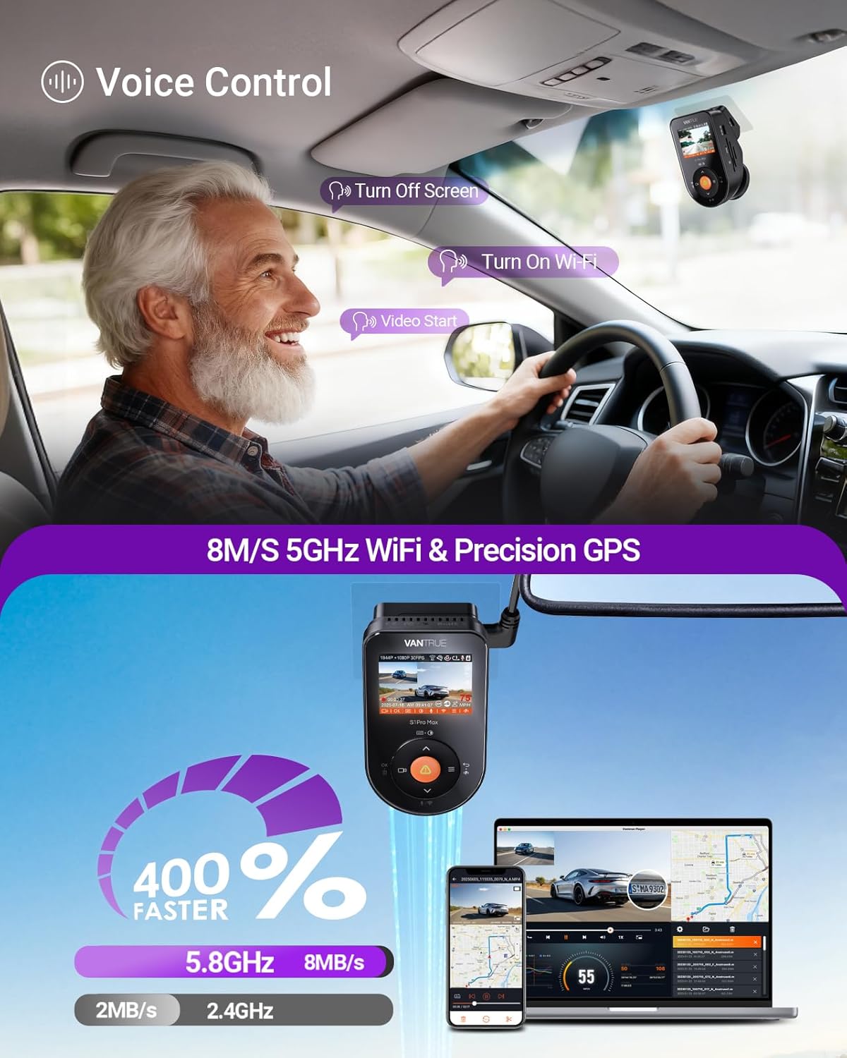 Dashcam – Autocamera – Dashboardcamera – Voor En Achter Camera – Dubbele Dashcam – 4K Voorcamera + 2.5K Achtercamera – ADAS/BSD, HDR Nachtzicht & 5 GHz Wifi, GPS