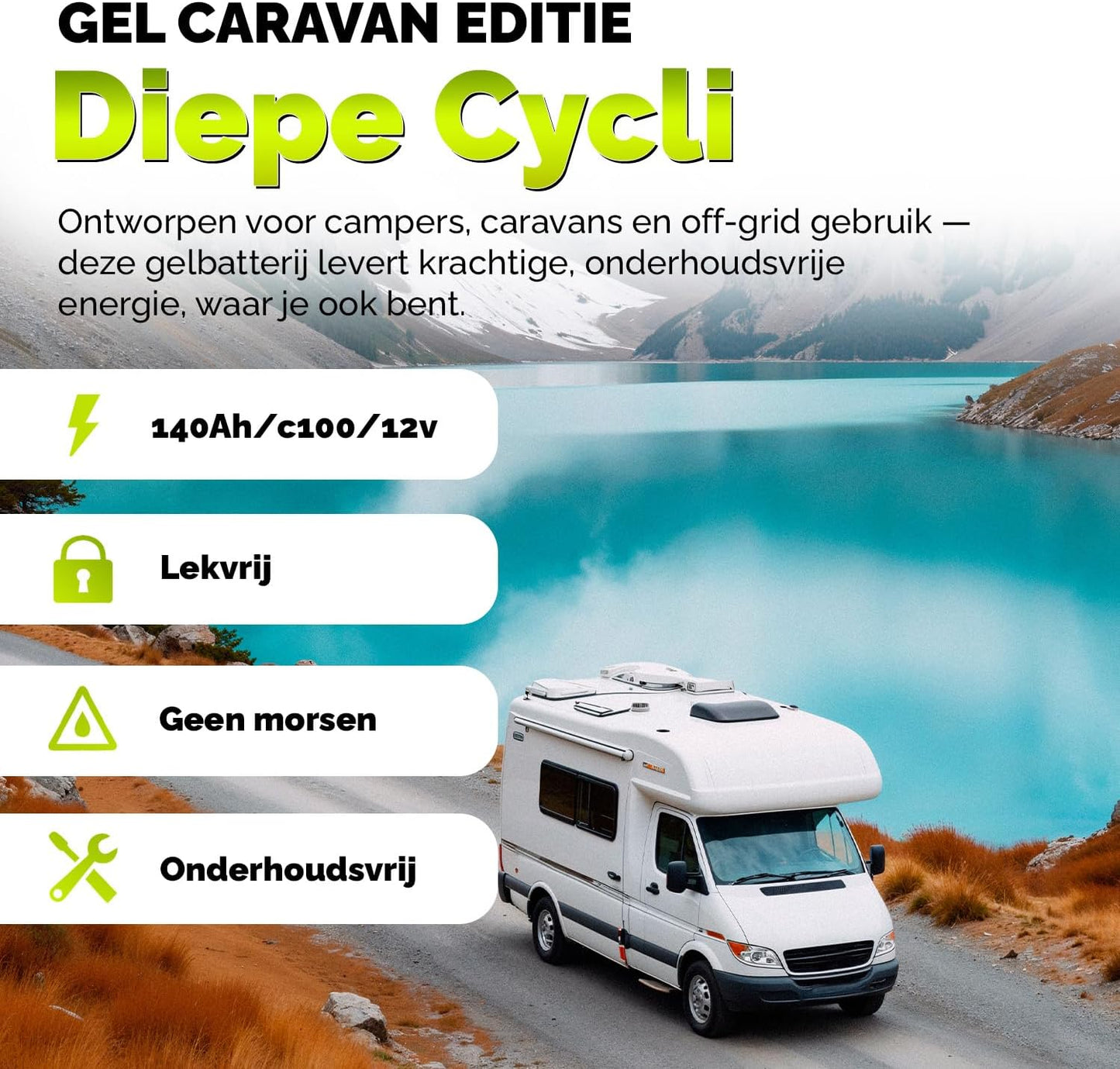 Electronicx GEL Accu 12V 140Ah – Deep Cycle 140Ah onderhoudsvrij voor camper, caravan, boot, tuinhuis, off-grid zonnepaneel, energieopslag – 393×175×190 mm – GEL serviceaccu