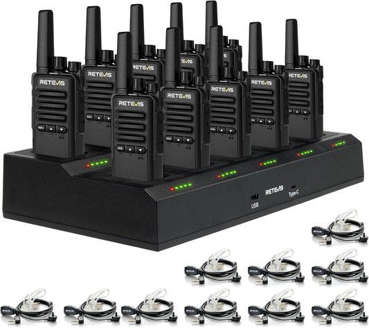 Retevis RT668B Walkie Talkies voor Volwassenen, Oplaadbare Walkie Talkies met 10-Voudige Oplader, PMR446 Professionele Portofoon, USB-C, voor School, Restaurant (Zwart, 10 Stuks)