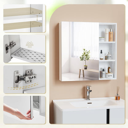 Mondeer Spiegelkast voor de badkamer, hangkast met spiegeldeur en verstelbare planken, afwateringsplank, ruimtebesparend, moderne stijl, 65 x 15 x 65 cm, wit