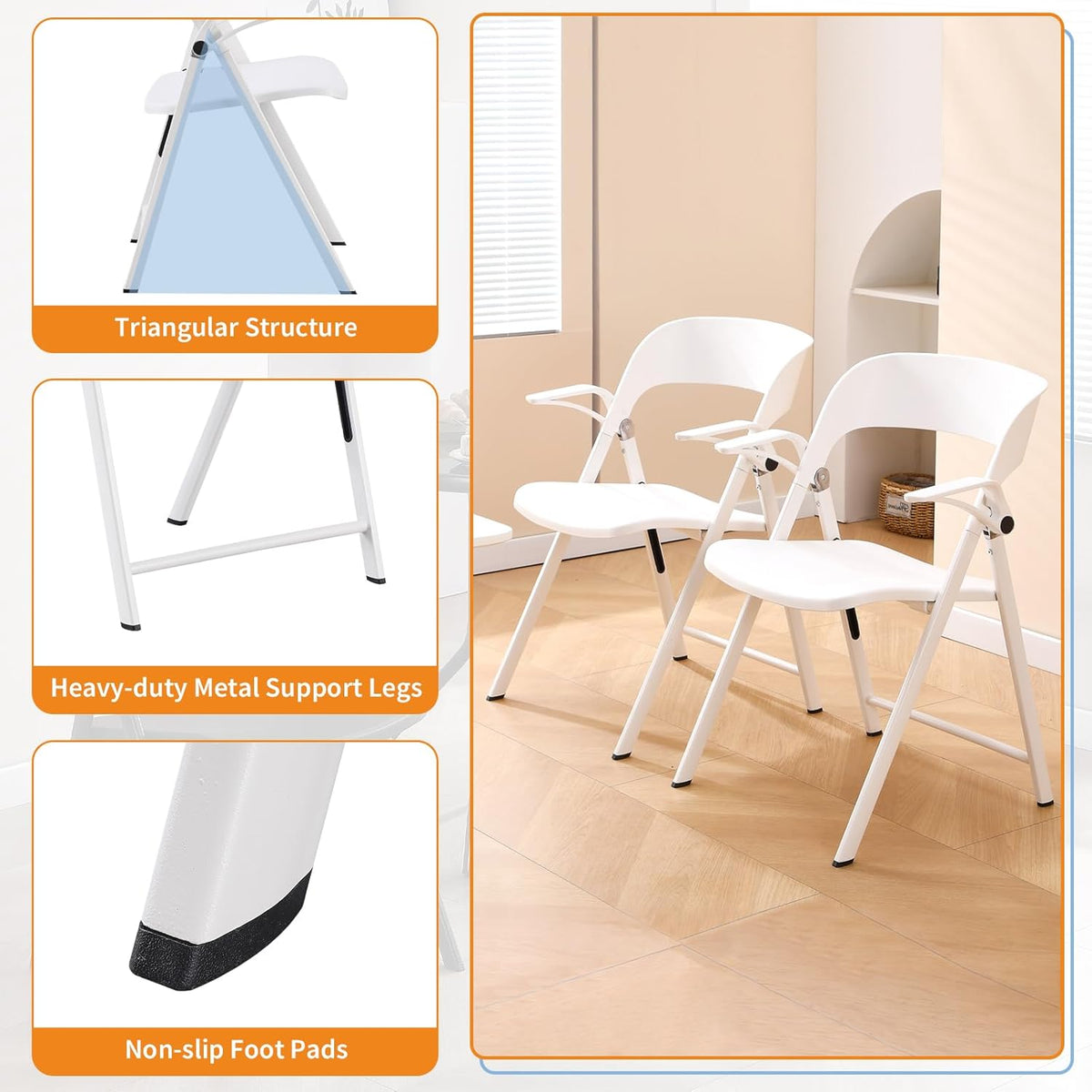 Witte bureaustoel met armen, kunststof klapstoelen, comfortabele stapelbare eetkamerstoelen, draagbare opvouwbare stoel met stalen frame voor binnen, buiten, bruiloft, feest, gazon, tuin