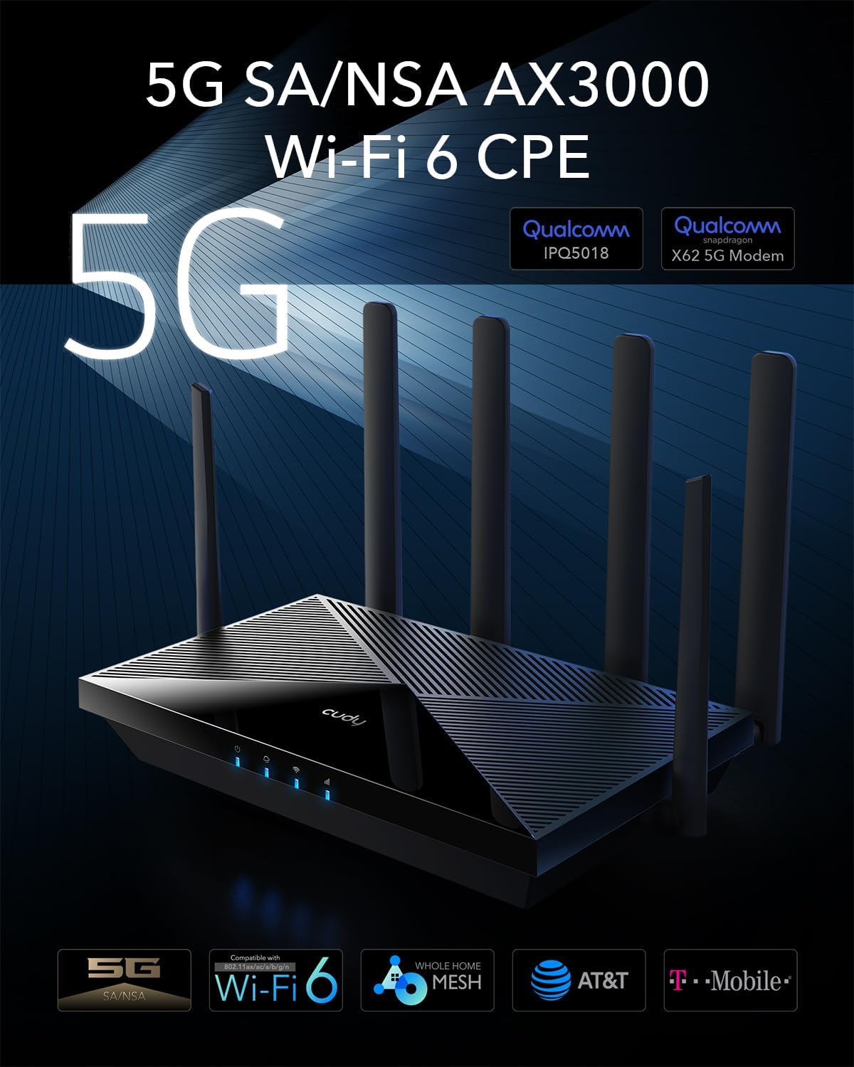 Cudy P5 5G NR Indoor SA NSA WiFi 6 Router, AX3000 Dual SIM 5G Cellular Router, Qualcomm IPQ5018, SDX62 module, 4 x 4 MIMO, afneembare antennes, VPN, erotier, Cloudflare