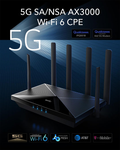 Cudy P5 5G NR Indoor SA NSA WiFi 6 Router, AX3000 Dual SIM 5G Cellular Router, Qualcomm IPQ5018, SDX62 module, 4 x 4 MIMO, afneembare antennes, VPN, erotier, Cloudflare