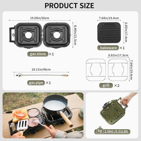 Kooktoestel - Gasstel - Campinggasfornuis - Campingmeubelen - 2-in-1 - met Grillplaat - Inklapbaar - Draagbaar - Piëzo-Intsteking - Compatibel met Isobutaan-Brandstofmengsel - Buitenactiviteiten - Kamperen - Noodsituatie - 8.4x2.4x10cm - Groen