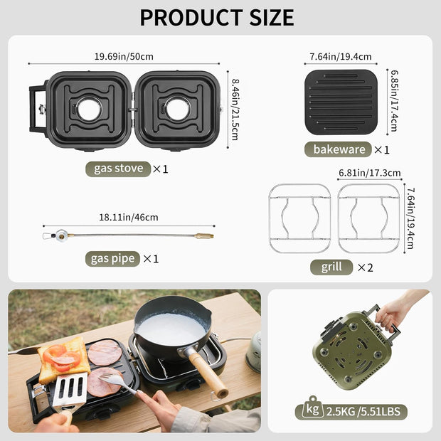 Kooktoestel - Gasstel - Campinggasfornuis - Campingmeubelen - 2-in-1 - met Grillplaat - Inklapbaar - Draagbaar - Piëzo-Intsteking - Compatibel met Isobutaan-Brandstofmengsel - Buitenactiviteiten - Kamperen - Noodsituatie - 8.4x2.4x10cm - Groen