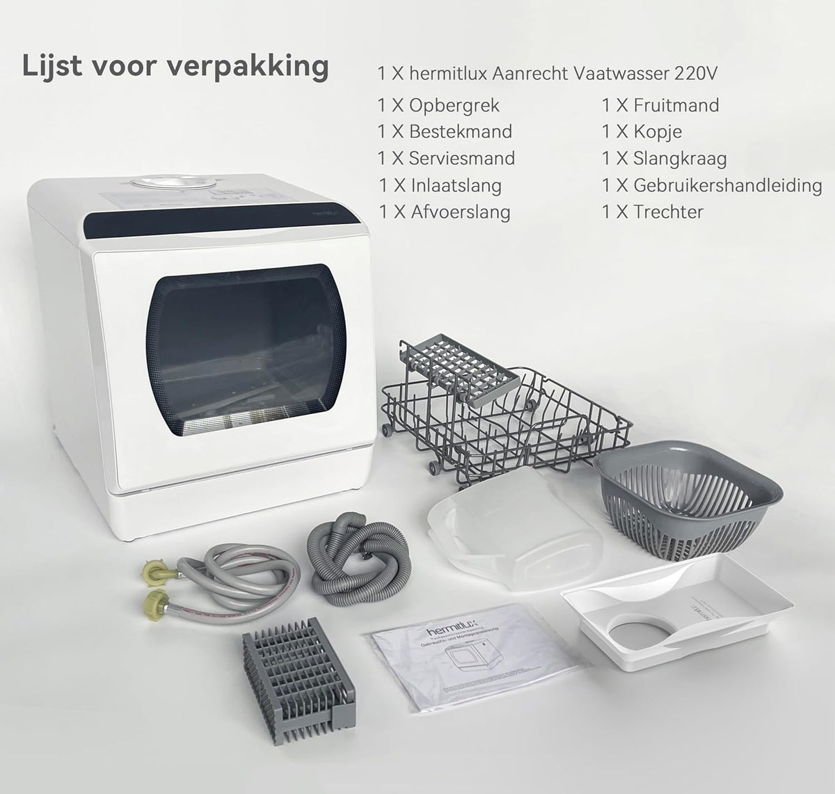 Mini Dishwasher, Table Dishwasher, Use with and without Water Connection, 43 cm Wide, Space for 4 Place Settings, for Camping Use 175 kWh/Year, White - QUORE