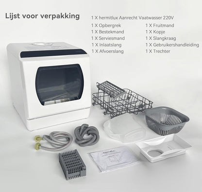 Mini Dishwasher, Table Dishwasher, Use with and without Water Connection, 43 cm Wide, Space for 4 Place Settings, for Camping Use 175 kWh/Year, White - QUORE