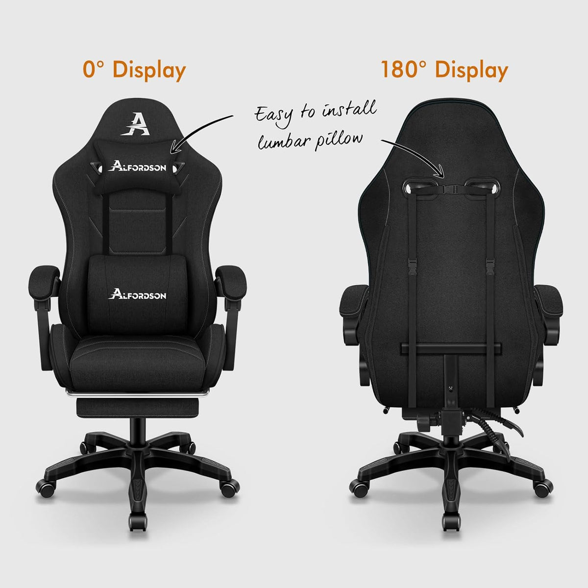 ALFORDSON Gaming Chair with Massage Lumbar Spinal Cushion, Ergonomic Gamer Racer Chair with Adjustable Backrest, Swivel Chair with Footrest, Height Adjustable, Black - QUORE