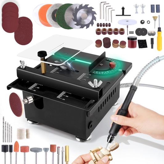 Mini Table Saw, 100 W, Wood Cutting Depth Adjustable from 0 to 16 mm, 7 Speeds, 4 Blades, Small Saw Bench for Carpentry, Crafts, Model Making and PCB Cutting - QUORE
