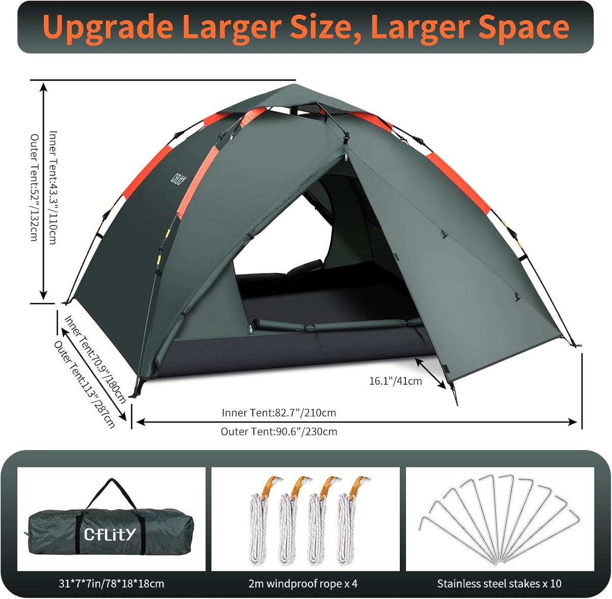 Campingtent, 3-persoons Instant pop-up tent, waterdichte drielaagse automatische koepeltent, grote lichtgewicht 4 seizoenen tent, backpacktent met afneembare regenvlieg 2 uitbreidbare veranda