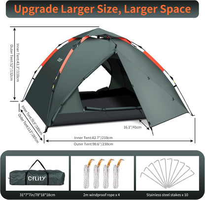 Campingtent, 3-persoons Instant pop-up tent, waterdichte drielaagse automatische koepeltent, grote lichtgewicht 4 seizoenen tent, backpacktent met afneembare regenvlieg 2 uitbreidbare veranda