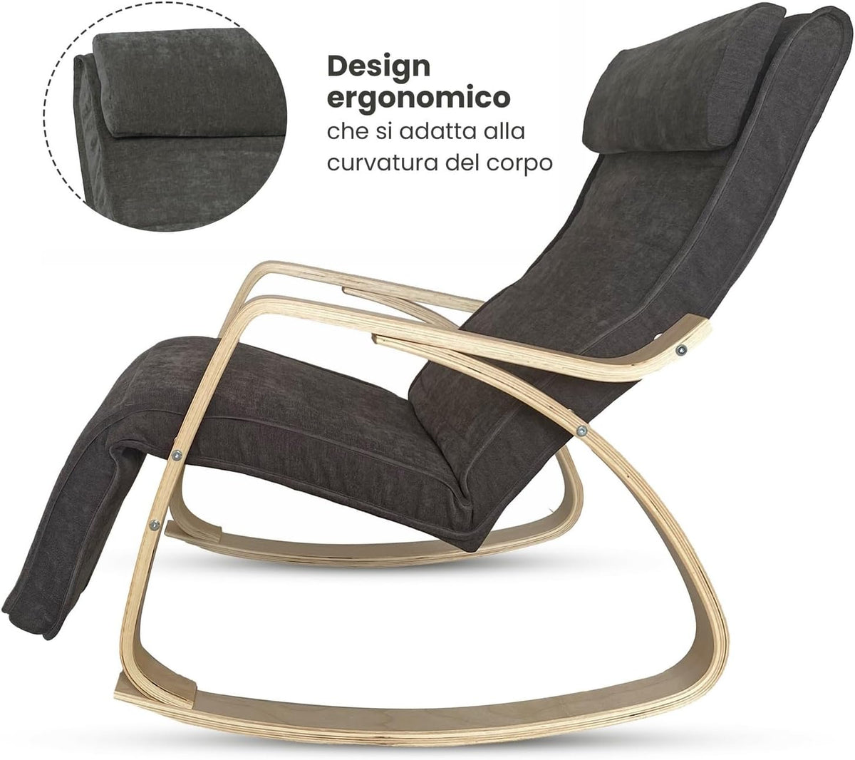 WeHome Swing Amor Schommelstoel met armleuningen van hout, Rocking Chair, schommelstoel met verstelbare voetensteun, woonkamerstoel, slaapkamerstoel (stof, donkergrijs)