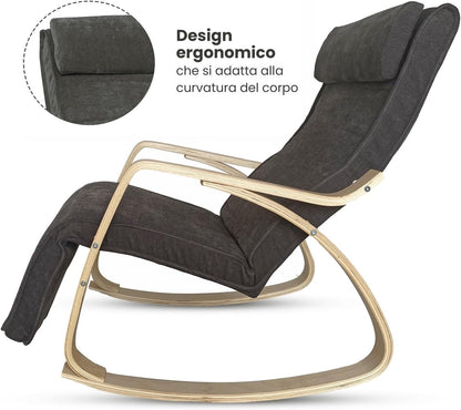 WeHome Swing Amor Schommelstoel met armleuningen van hout, Rocking Chair, schommelstoel met verstelbare voetensteun, woonkamerstoel, slaapkamerstoel (stof, donkergrijs)