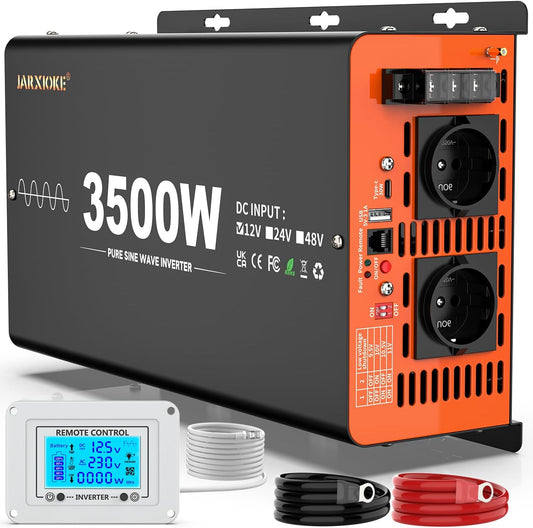 3500W omvormer 12V naar 230V zuivere sinus spanningsomvormer inverter met afstandsbediening, LCD-scherm, dubbele USB-poorten, Type-C-poort, 2 AC-stopcontacten inverter voor zonnecellen, voertuigen