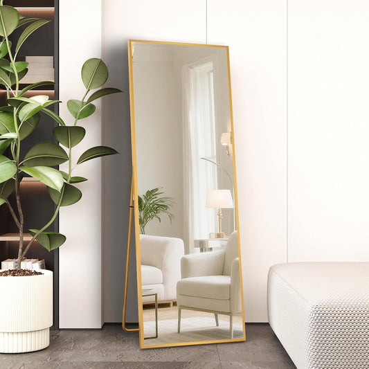 Beauty4U Spiegel in volledige lengte, 140 x 50 cm, vrijstaand, hangend of leunend, grote vloerspiegel met goudkleurig frame van aluminiumlegering voor woonkamer of slaapkamer