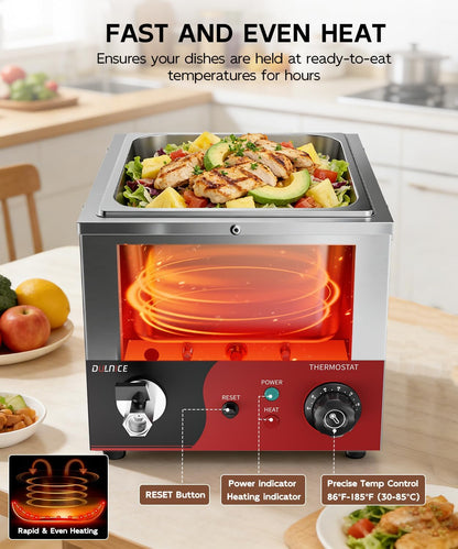 Bain Marie Elektrisch GN 1/2 met reset, elektrische voedselverwarmer, 600 W, roestvrij staal, met afvoerkraan voor feestjes, catering en restaurants, 30-85 °C