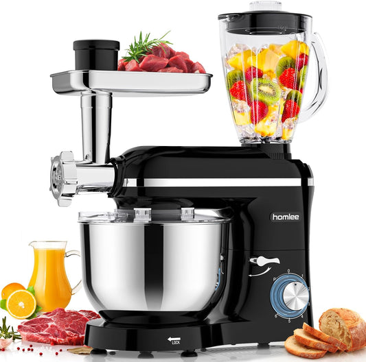 Blender Multifunctionele keukenmachine, 1800 W, professionele universele elektrische vleesmolen met mixer, glas 1,5 l, 3 hakplaten, roestvrijstalen kom 5,5 l