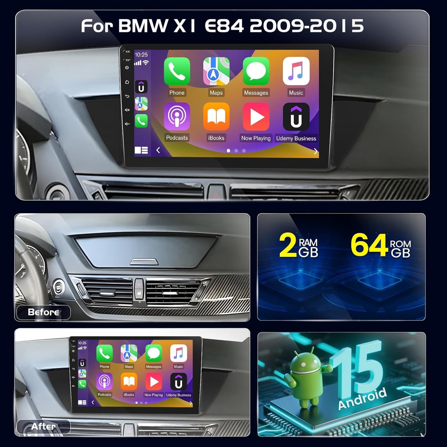 10.1-inch Android Car Stereo for BMW X1 E84 2009–2015, Wireless CarPlay & Android Car, GPS WiFi Touch Screen Display, DSP, Plug & Play Radio Upgrade + Rear View Camera