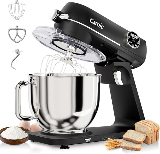 Camic Keukenmachine, 1800 W, volledig metaal, met kom van roestvrij staal, 8 l, 10 snelheden, led-touchscreen, timer, deegmixer met garde, kneedhaak en mixer voor het bereiden van taarten en brood