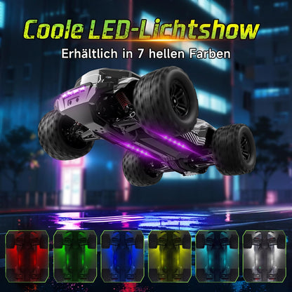 Op Afstand Bestuurde Auto, 1/14 RC Monstertruck Met 7 Kleuren Lichten, 40 km/u, 2,4 GHz, Offroad Met Twee Batterijen, 4WD Waterdichte RTR All Terrain Buggy Voor Kinderen