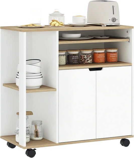 HOMCOM Küchenwagen Servierwagen mit Schrank, verschiebbaren und verstellbaren Einlegeböden, Rollwagen mit Arbeitsplatte, Rollen für Esszimmer, 80 x 40 x 82 cm, Weiß - QUORE