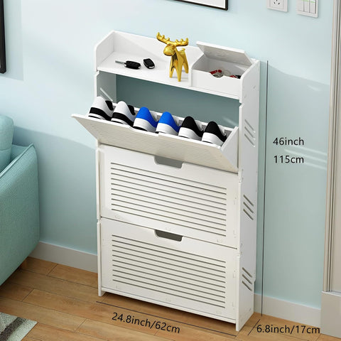 Shoe cabinet - Shoe bench - Shoe rack - Shoe cabinet with concealed handle drawers - Space saving - Dustproof - White