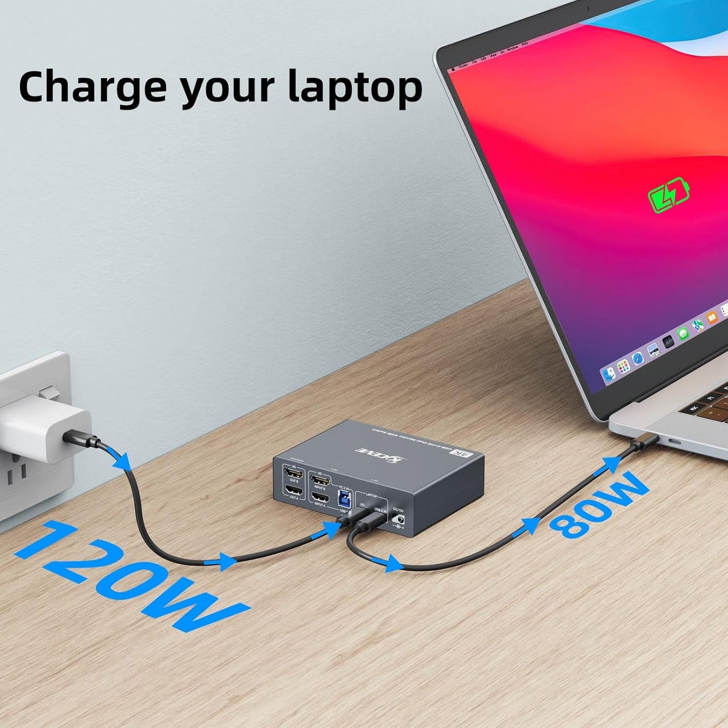 MLEEDA HDMI+USB C KVM Switch Dual Monitor 1 Laptop en 1 Desktop 4K@60Hz, USB C HDMI KVM Switch 2 PC 2 Monitor met 4 USB 3.0 Poort, 80W PD Opladen, Met Bedrade Afstandsbediening, USBC Kabel
