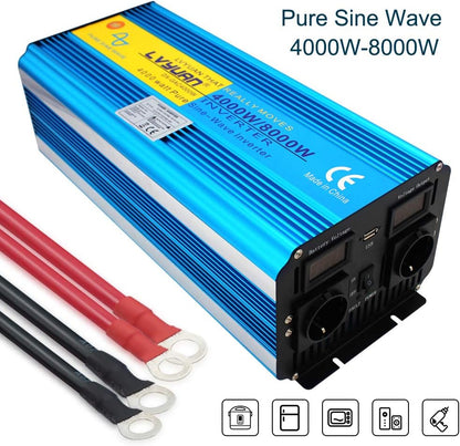 Omvormer, zuivere sinusgolf, 4000 W, 8000 W, transformator van 12 V naar 220 V, 230 V, met afstandsbediening en 2 USB-poorten, 2 leds