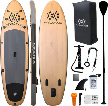 Whitewood Opblaasbaar SUP Premium Paddleboard, 335 cm, houten design met accessoires, rugzak, peddel, luchtpomp, lijn, opblaasbaar stand-up paddleboard, 180 kg