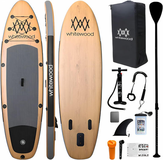 Whitewood Opblaasbaar SUP Premium Paddleboard, 335 cm, houten design met accessoires, rugzak, peddel, luchtpomp, lijn, opblaasbaar stand-up paddleboard, 180 kg