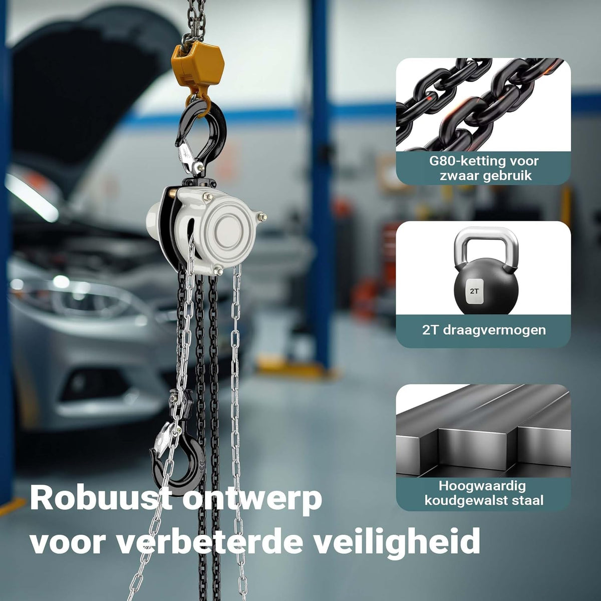 Wiltec handmatige kettingtakel 2 ton x 5 meter V21, krachtige hijstakel voor het hijsen van lasten, compacte takel met 2 haken voor zware objecten