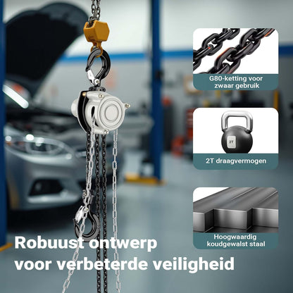 Wiltec handmatige kettingtakel 2 ton x 5 meter V21, krachtige hijstakel voor het hijsen van lasten, compacte takel met 2 haken voor zware objecten