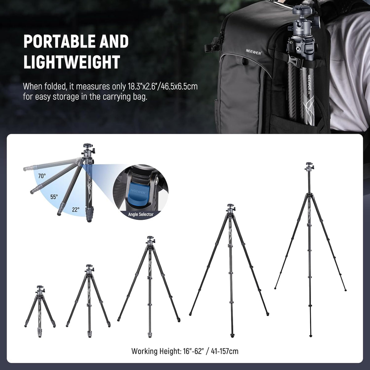NEEWER LITETRIP 157,5 cm reiscamerastatief, koolstofvezel draagbare standaard met verwijderbare ±15° nivellering, 360° Pano-kop, maximale belasting 10 kg, Arca QR-plaat compatibel met Peak Design