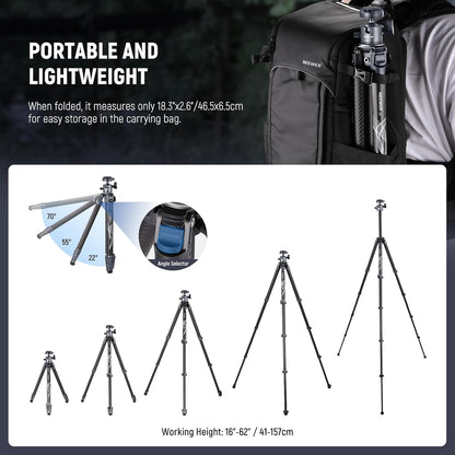 NEEWER LITETRIP 157,5 cm reiscamerastatief, koolstofvezel draagbare standaard met verwijderbare ±15° nivellering, 360° Pano-kop, maximale belasting 10 kg, Arca QR-plaat compatibel met Peak Design