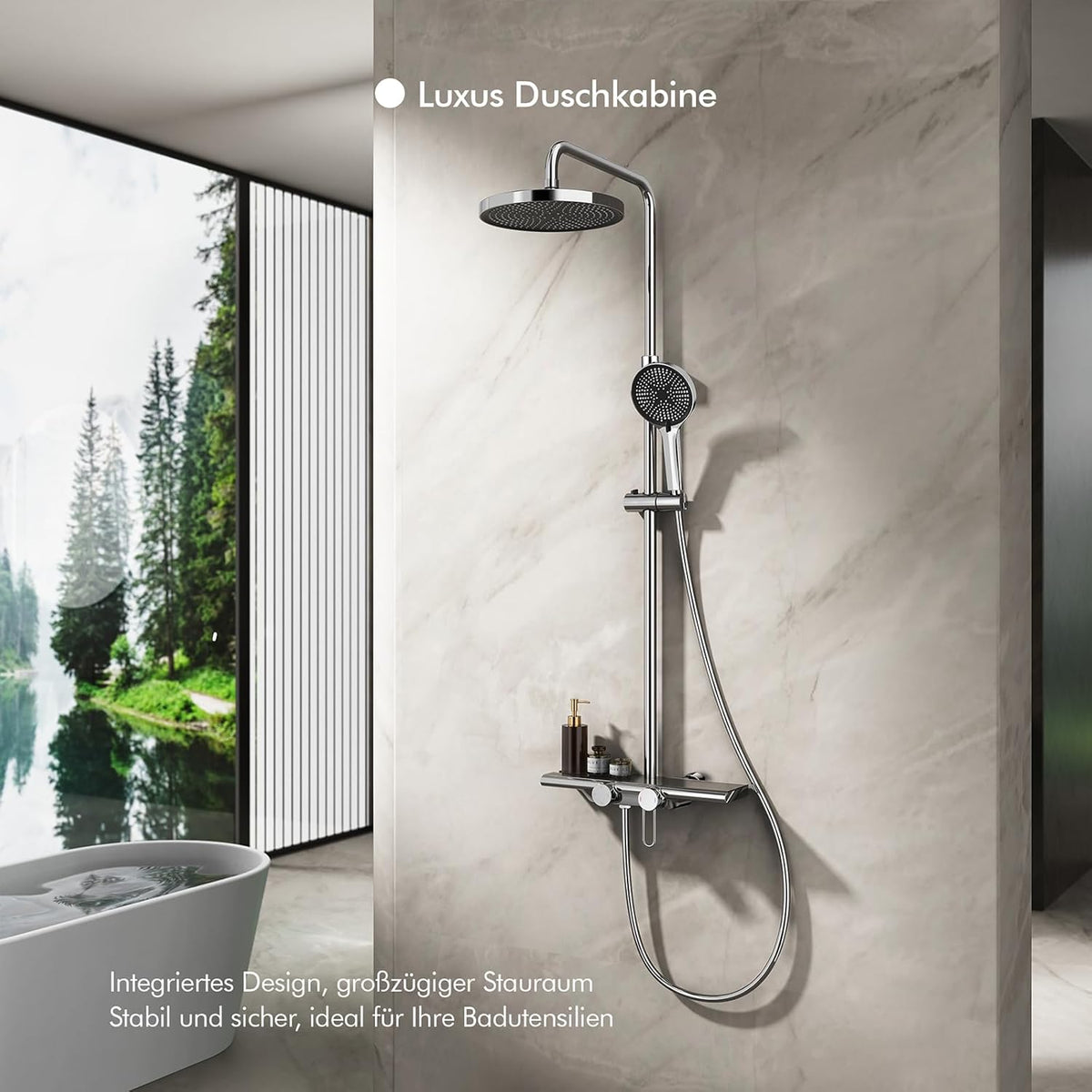 Douchesysteem – Douche Set – Regendouche – Handdouche – Watervaluitloop – Inclusief Glazen Plank – 5 Sproeistanden – 25 cm Regendouche