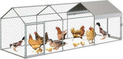 Zstar Large Chicken Coop, 304 x 100 x 100 cm, Galvanised Steel Roof Poultry House, with Sun Roof and Door, Small Animal House, Free Running for Chickens, Rabbits and Ducks in the Backyard, Silver - QUORE