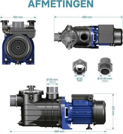 Wiltec zwembadpomp 180 W, poolpomp met een debiet van 10800 l/h, filterpomp voor zwembad met opvoerhoogte van 8 meter, circulatiepomp voor waterfilter in pools