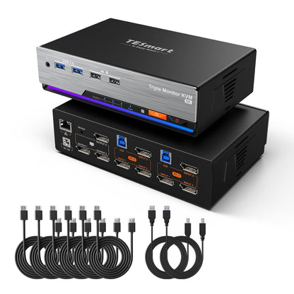 TESmart 8K 60Hz MST DisplayPort KVM Switch 2 PC 3 Monitoren, USB 3.0 4K 144Hz Drievoudige Monitor KVM Schakelaar voor desktop en laptop, Gigabit Netwerk, Custom Hotkey Switch, DP1.4, incl. PC Kabels