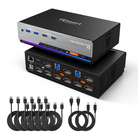 TESmart 8K 60Hz MST DisplayPort KVM Switch 2 PC 3 Monitoren, USB 3.0 4K 144Hz Drievoudige Monitor KVM Schakelaar voor desktop en laptop, Gigabit Netwerk, Custom Hotkey Switch, DP1.4, incl. PC Kabels