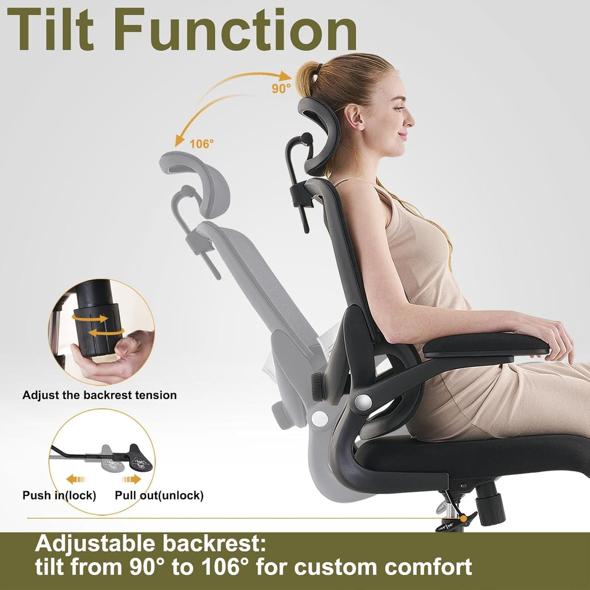 Ergonomic Office Chair, Swivel Office Chair with Mesh High Backrest, Adjustable Lumbar Support, Folding Armrests, Detachable Headrest, Space Saving, 155-185cm, up to 150kg