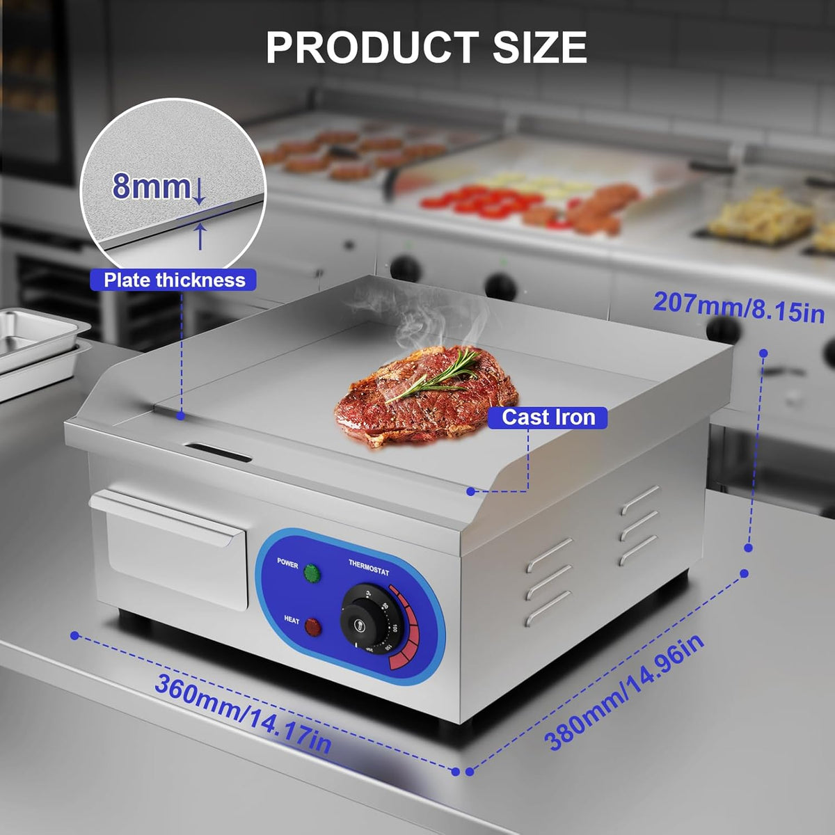 TAIMIKO Elektrische grill, roestvrij staal, professionele tafelgrill 220-240 V, grillplaat van ijzer, oppervlak 35 x 30 cm, glad, spatwaterdicht