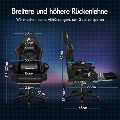 ALFORDSON Gaming Chair with 8-Point Massage, 12 Colours, RGB LED Light, Ergonomic Gaming Chair with Footrests, Headrest, Lumbar Cushion for Children and Adults, Black - QUORE