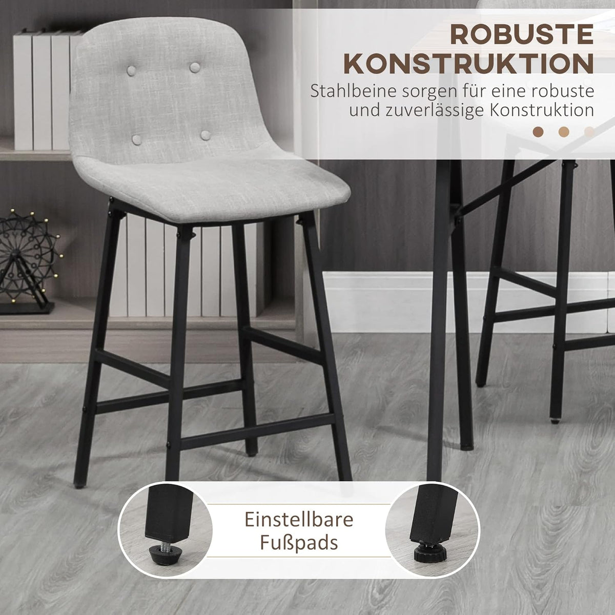 Bartafel – Barset – Keukentafel – Eettafel – Barkrukken – Industrieel Design – Gecoat Stalen Frame – Linnen Look Bekleding – 5-Delige Set – Grijs - QUORE