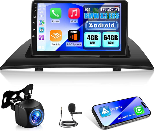 NHOPEEW 4+64G Car Stereo voor BMW X3 E83 2004-2012 - 9 inch Android Stereo met Wireless Carplay en Android Auto - Mirror Link 32EQ DSP Split Screen+ Achteruitrijcamera&Mic