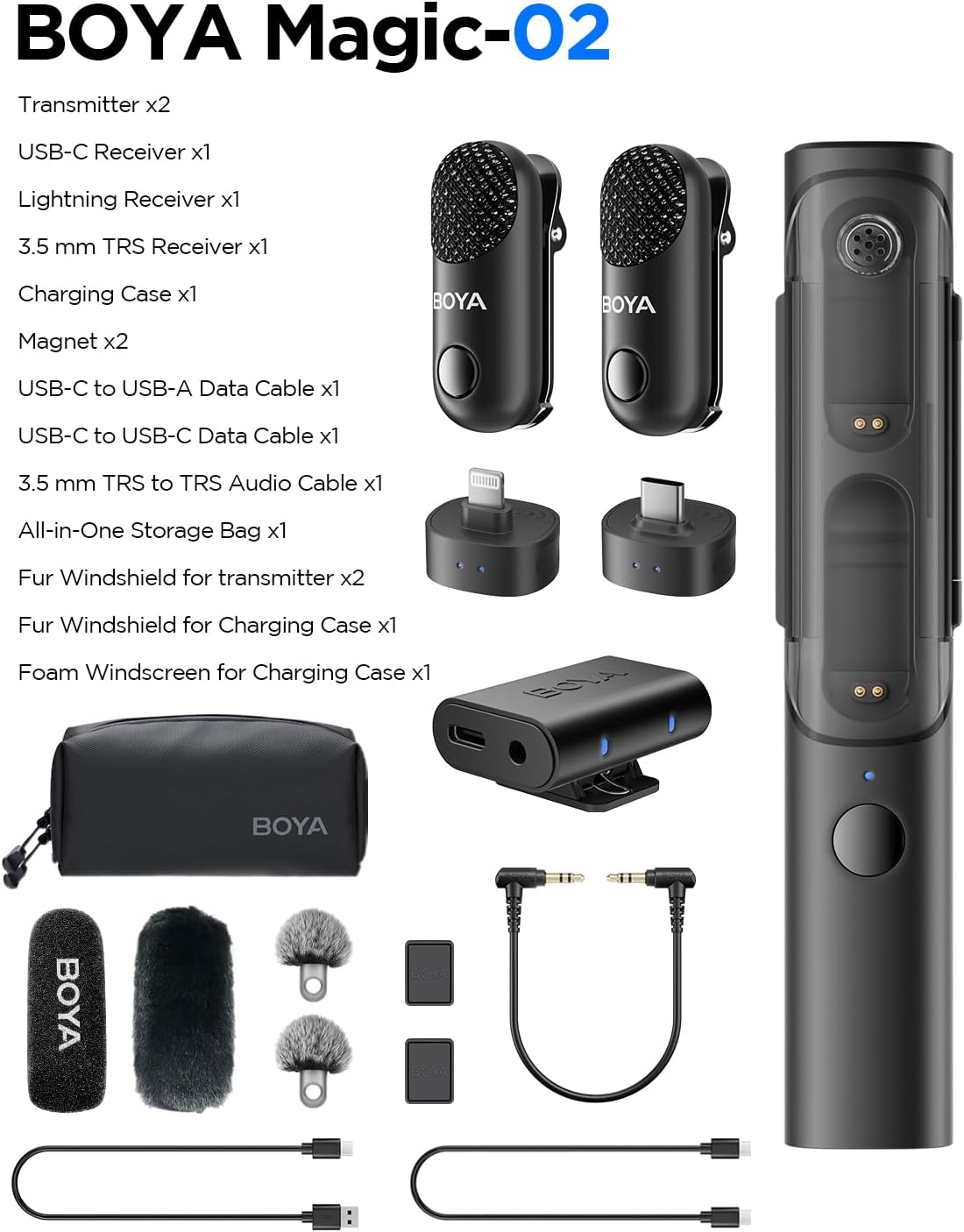 BOYA Magic Draadloze Lavalier Microfoon voor Camera/iPhone/Android (geen standaard) Clip-on, Handheld, Desktop, On-Camera 4-Vorm Mini Microfoon voor Vlogging, Streaming, TikTok, YouTube (2TX+3RX)
