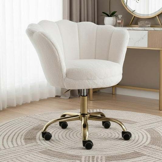 Bureaustoel – Kantoorstoel – Gamestoel – Bureaukruk – Make-up Stoel – Fluweel Bekleding – Verstelbare Hoogte – 360° Draaibaar – Gouden Poten – Wit - QUORE