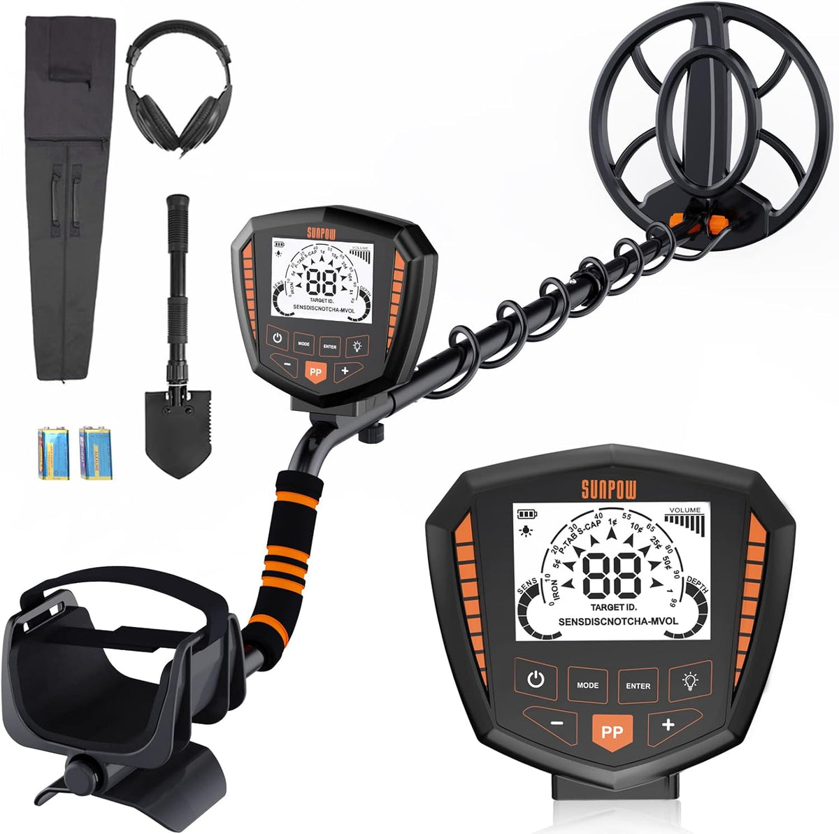 SUNPOW Metaaldetector, professionele set, IP68 waterdichte spoel, identificeert 9 soorten metalen, hoge nauwkeurigheid, 25 cm detectiediepte, 5 modi, sterke anti-interferentie, geschikt voor